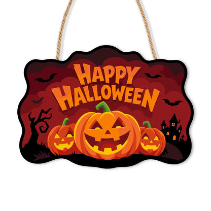 Bat-Filled Red Sky Pumpkin Trio paint by numbers hanging sign – Three grinning jack-o'-lanterns on a red sky with bats, a bare tree and a haunted house, Happy Halloween lettering, on a wooden sign with a rope hanger
