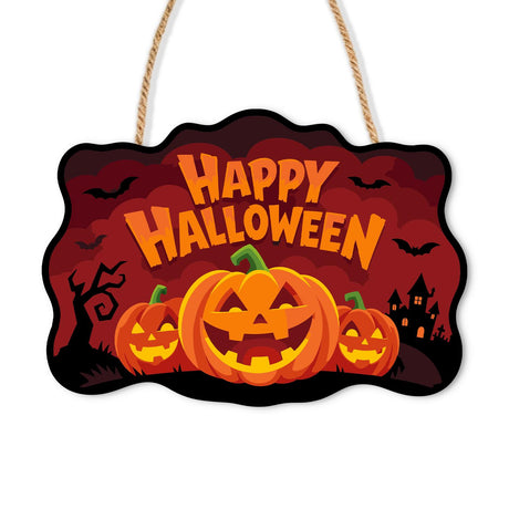 Bat-Filled Red Sky Pumpkin Trio paint by numbers hanging sign – Three grinning jack-o'-lanterns on a red sky with bats, a bare tree and a haunted house, Happy Halloween lettering, on a wooden sign with a rope hanger