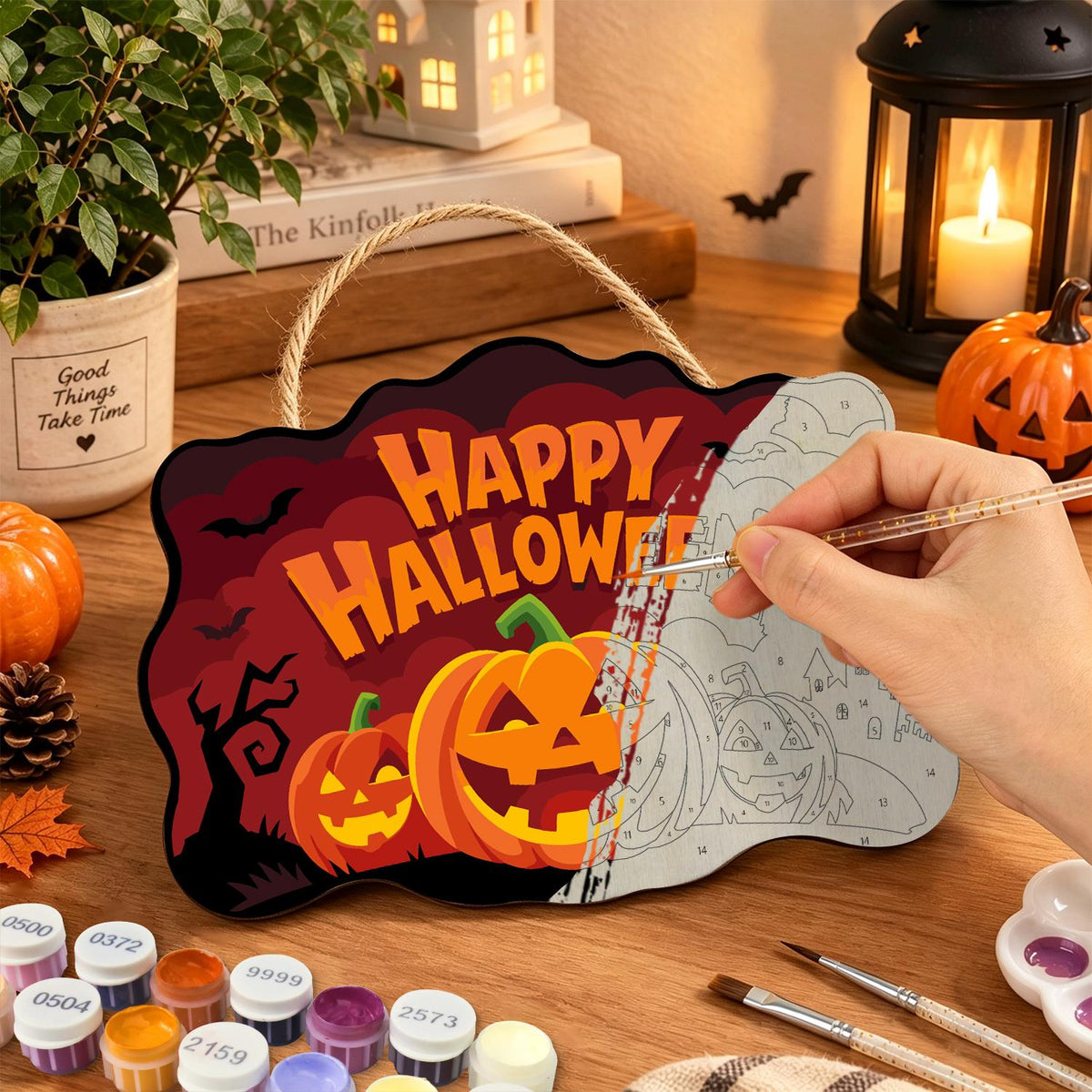 Bat-Filled Red Sky Pumpkin Trio paint by numbers hanging sign – image 7