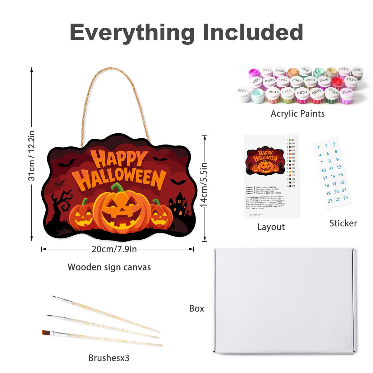 Bat-Filled Red Sky Pumpkin Trio paint by numbers hanging sign – what's in the kit: the wooden sign, rope hanger, numbered paints and brushes