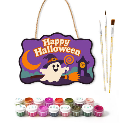 Broom-Riding Ghost with Lollipop paint by numbers hanging sign – image 2