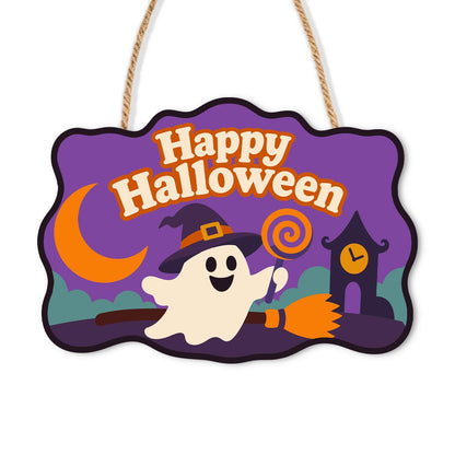 Broom-Riding Ghost with Lollipop paint by numbers hanging sign – Cute ghost in a witch hat riding a broom with a swirl lollipop past a crescent moon and clock tower, Happy Halloween, on a wooden sign with a rope hanger