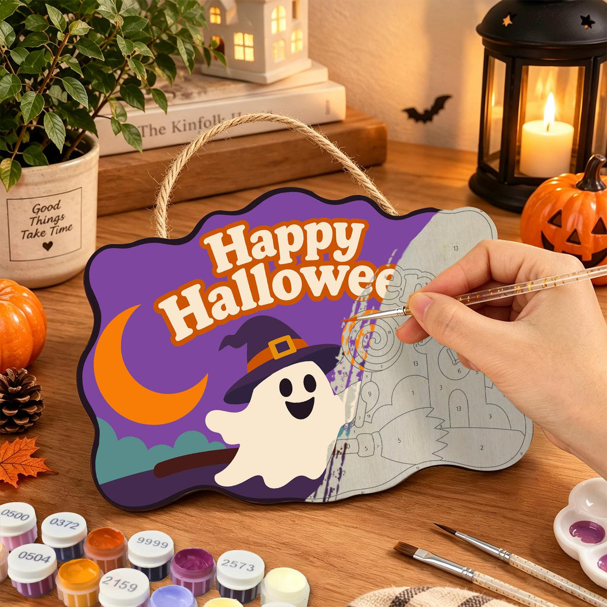 Broom-Riding Ghost with Lollipop paint by numbers hanging sign – image 7