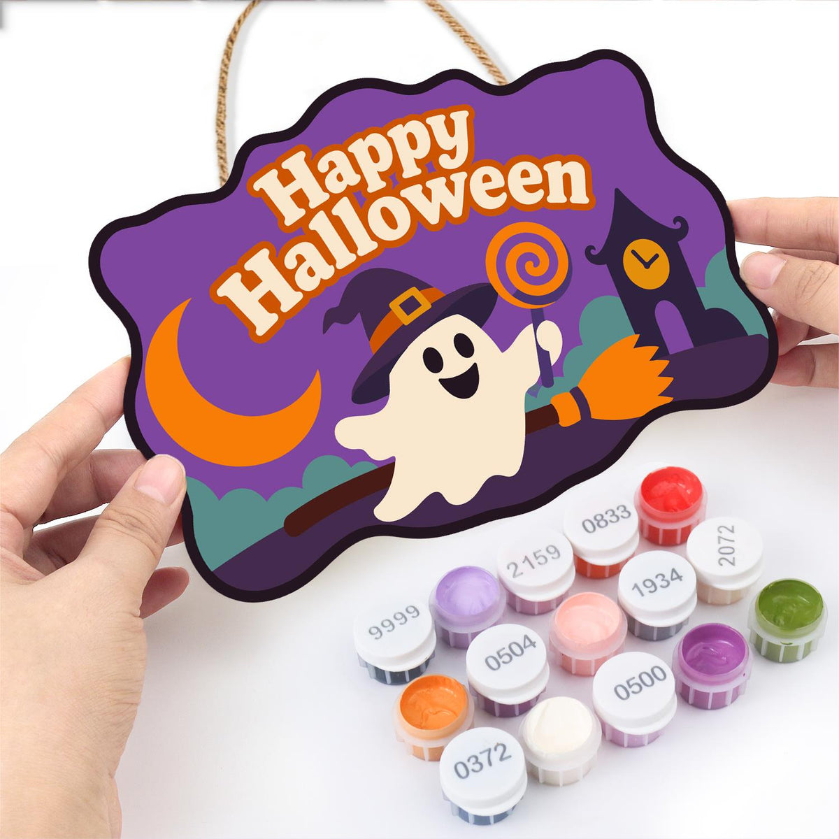 Broom-Riding Ghost with Lollipop paint by numbers hanging sign – image 9
