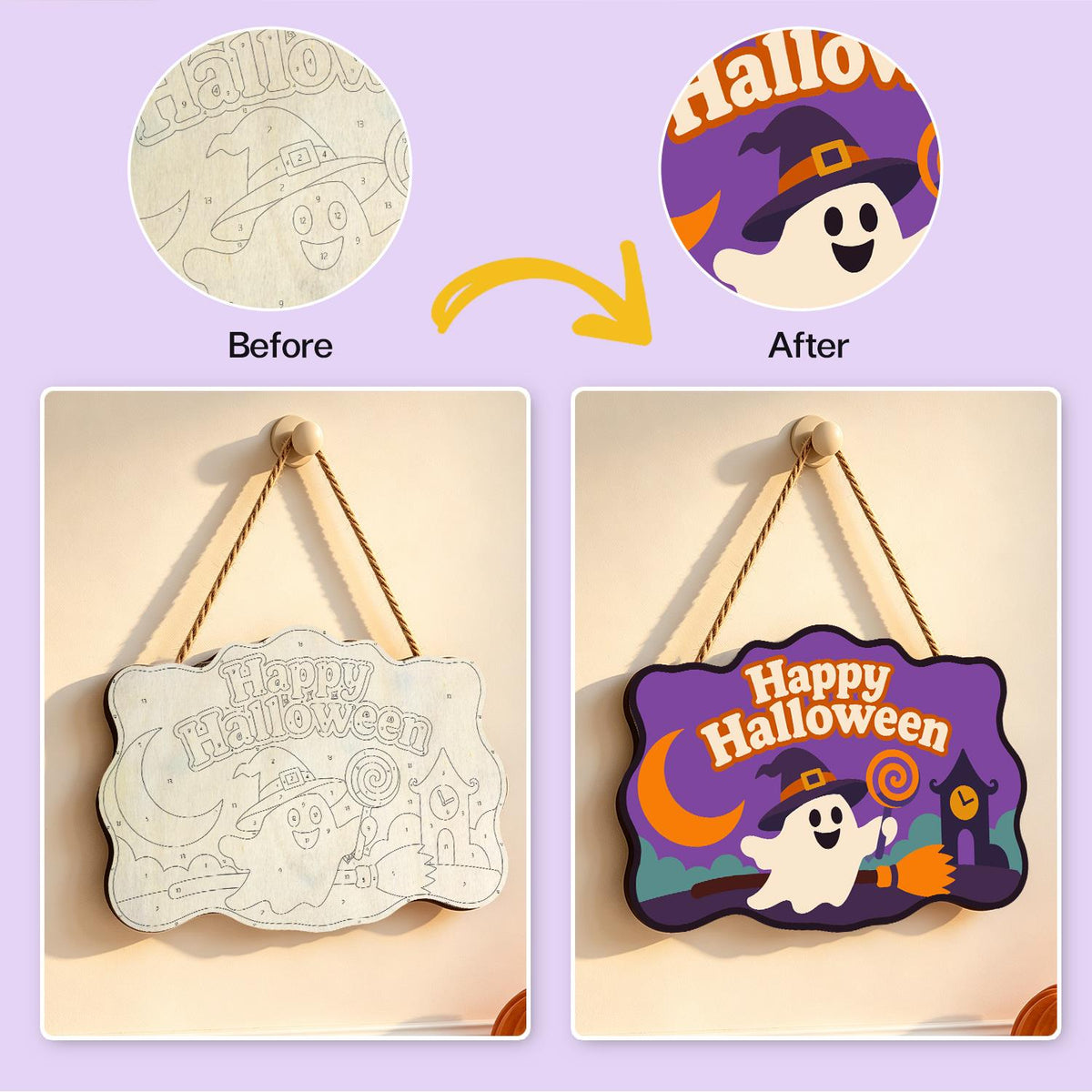 Broom-Riding Ghost with Lollipop paint by numbers hanging sign – image 10