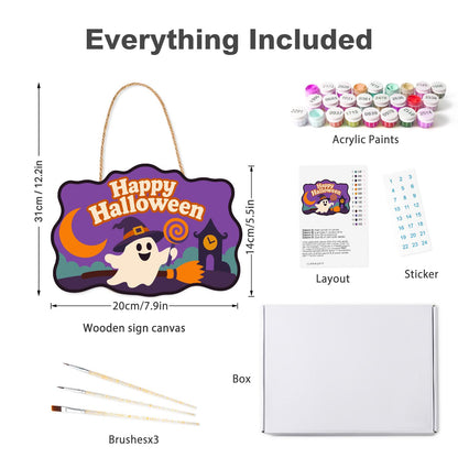 Broom-Riding Ghost with Lollipop paint by numbers hanging sign – what's in the kit: the wooden sign, rope hanger, numbered paints and brushes