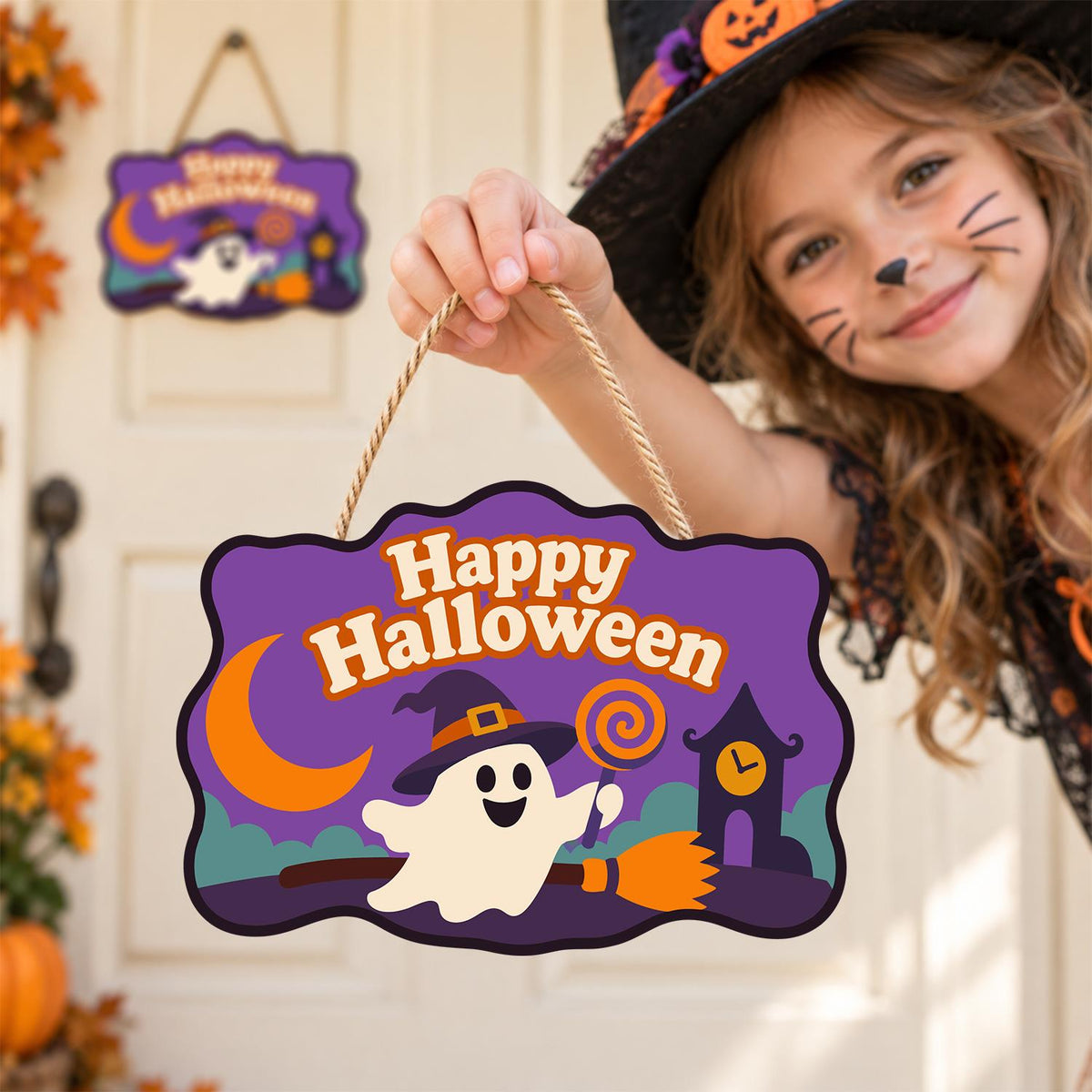 Broom-Riding Ghost with Lollipop paint by numbers hanging sign – image 13