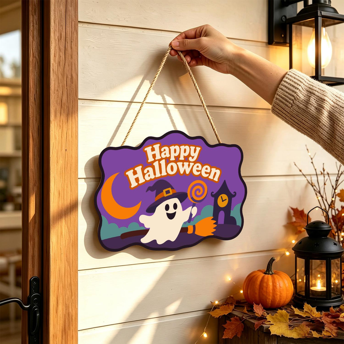 Broom-Riding Ghost with Lollipop paint by numbers hanging sign – image 14