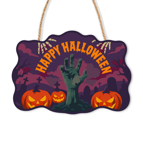 Purple Dusk Zombie Hand paint by numbers hanging sign – Green zombie hand rising from a grave between jack-o'-lanterns, skeleton hands above, purple sky, Happy Halloween, on a wooden sign with a rope hanger