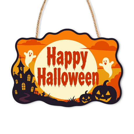 Haunted Hamlet and Pumpkin Pair paint by numbers hanging sign – Two small ghosts around a cream moon with red Happy Halloween lettering, haunted houses and jack-o'-lanterns, on a wooden sign with a rope hanger