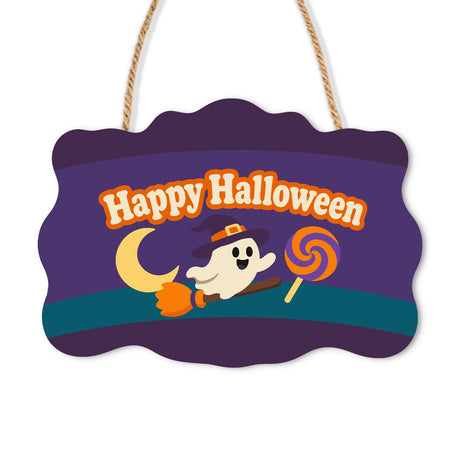 Little Ghost's Crescent Moon Ride paint by numbers hanging sign – Little ghost in a witch hat flying a broom with a lollipop past a crescent moon on plain purple, Happy Halloween, on a wooden sign with a rope hanger