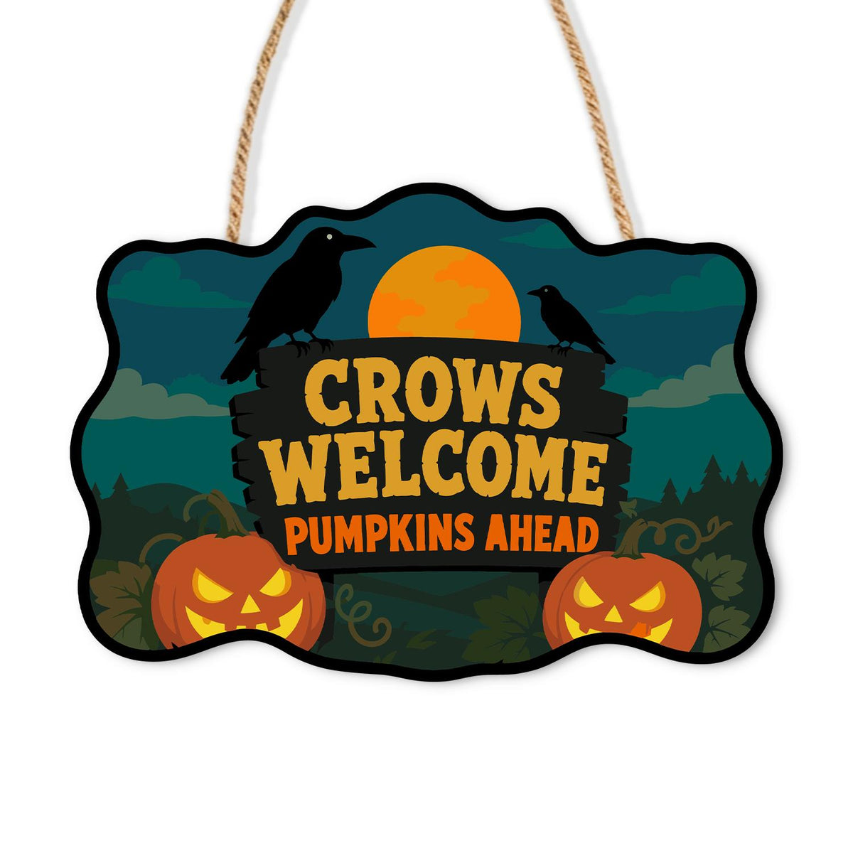 Crow-Perched Pumpkin Patch Welcome paint by numbers hanging sign – Two crows perched on a board reading Crows Welcome Pumpkins Ahead above glowing jack-o'-lanterns at dusk, on a wooden sign with a rope hanger