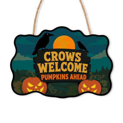 Crow-Perched Pumpkin Patch Welcome paint by numbers hanging sign – Two crows perched on a board reading Crows Welcome Pumpkins Ahead above glowing jack-o'-lanterns at dusk, on a wooden sign with a rope hanger