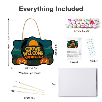 Crow-Perched Pumpkin Patch Welcome paint by numbers hanging sign – what's in the kit: the wooden sign, rope hanger, numbered paints and brushes