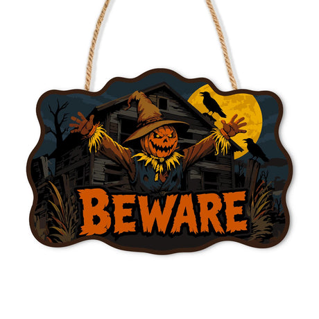 Derelict Shack Pumpkin Scarecrow paint by numbers hanging sign – Pumpkin-head scarecrow with arms out before a ramshackle shack, crows and a yellow moon, Beware lettering, on a wooden sign with a rope hanger