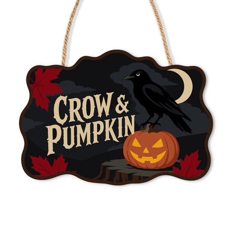 Crow Perched on a Jack-O'-Lantern paint by numbers hanging sign – Black crow on a jack-o'-lantern atop a stump, red maple leaves and a crescent moon, Crow & Pumpkin lettering, on a wooden sign with a rope hanger