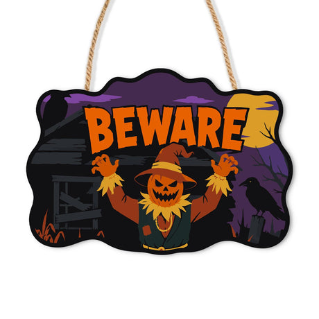 Purple Night Scarecrow Warning paint by numbers hanging sign – Pumpkin-head scarecrow in a witch hat with arms raised before an old barn, crow and purple sky, Beware lettering, on a wooden sign with a rope hanger