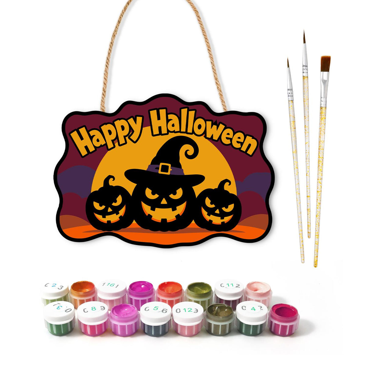 Burgundy Sky Witch-Hat Pumpkins paint by numbers hanging sign – image 2