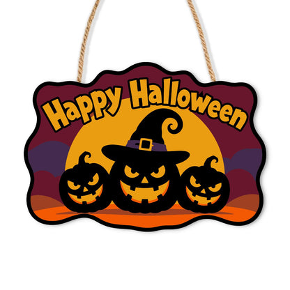 Burgundy Sky Witch-Hat Pumpkins paint by numbers hanging sign – Three black jack-o'-lanterns, the middle in a witch hat, before a golden sun on a burgundy sky, Happy Halloween, on a wooden sign with a rope hanger