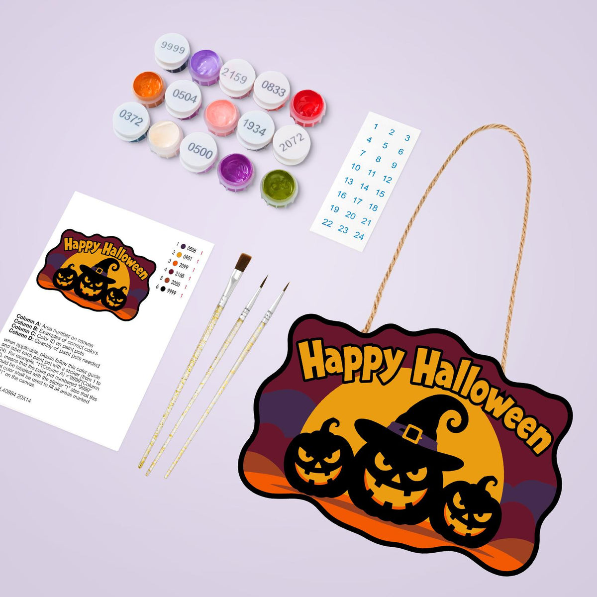 Burgundy Sky Witch-Hat Pumpkins paint by numbers hanging sign – image 4