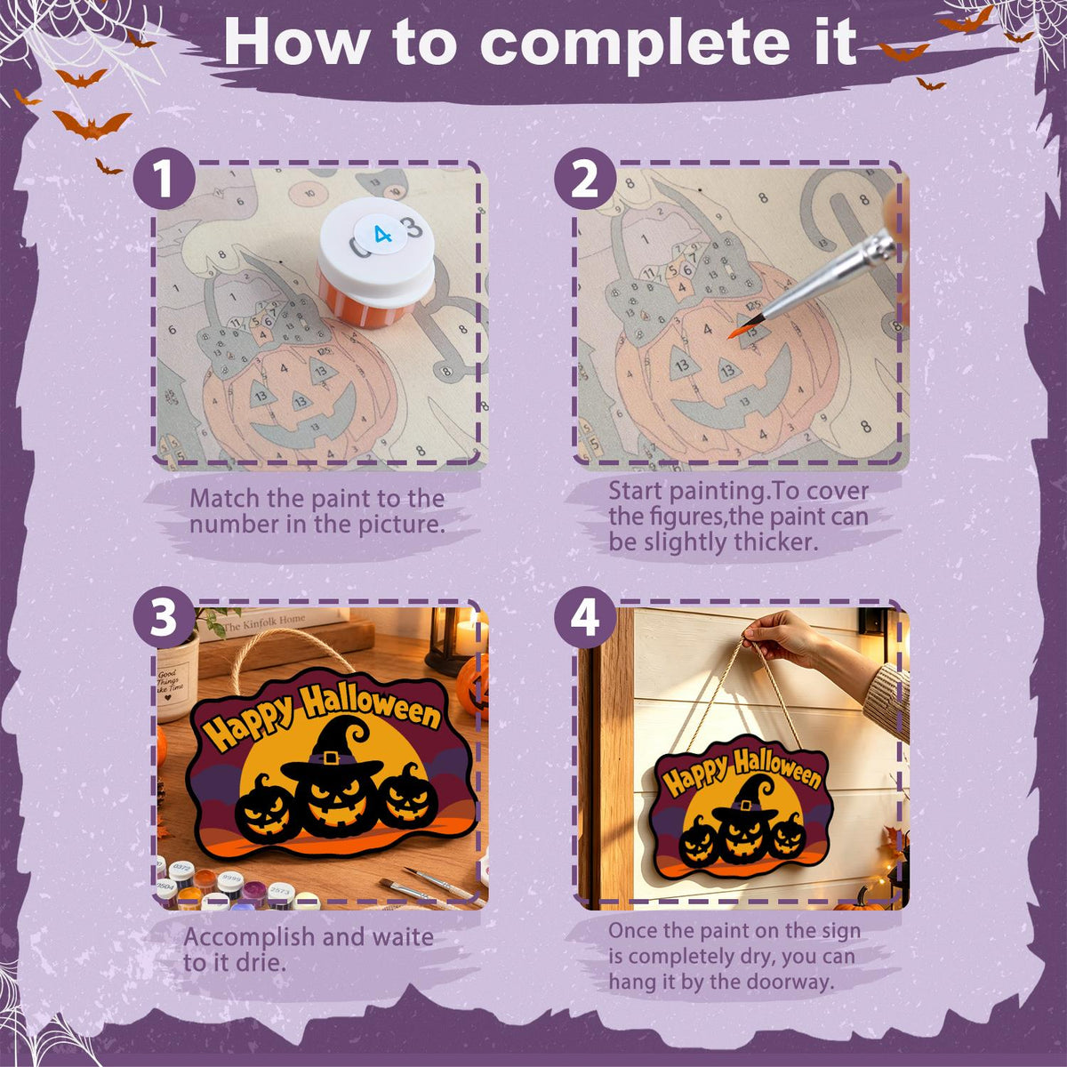 Burgundy Sky Witch-Hat Pumpkins paint by numbers hanging sign – image 6