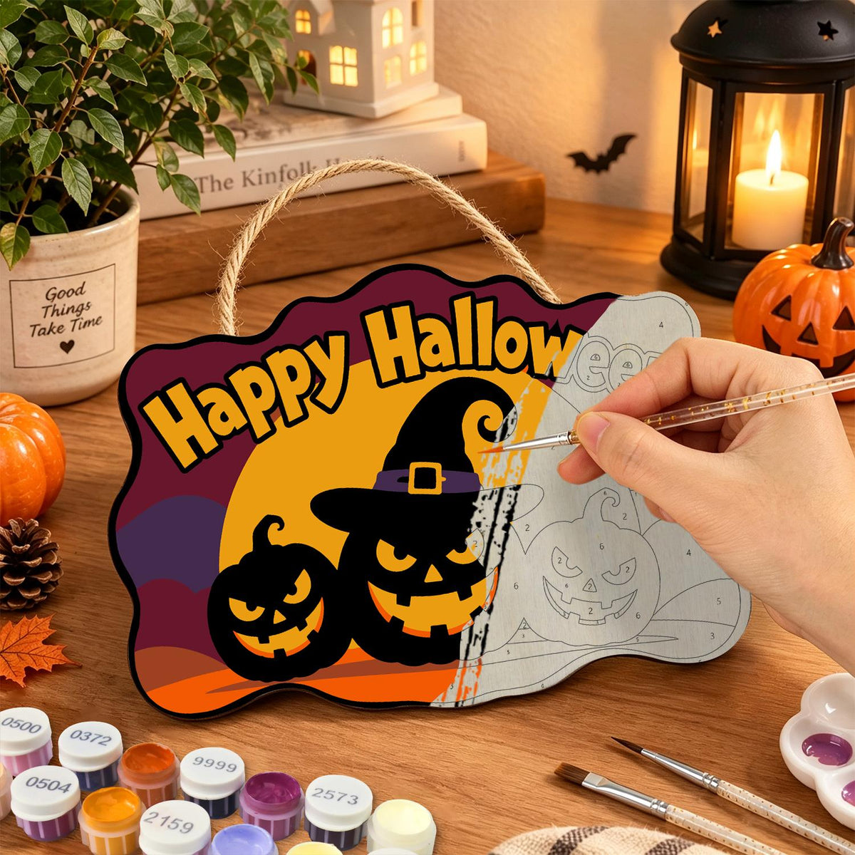Burgundy Sky Witch-Hat Pumpkins paint by numbers hanging sign – image 7