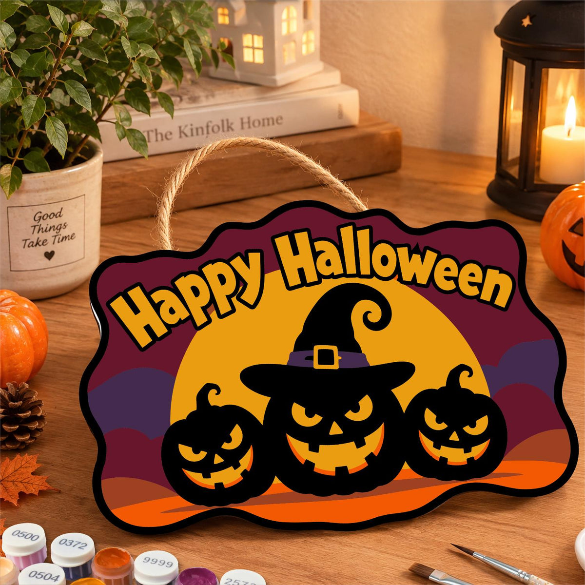 Burgundy Sky Witch-Hat Pumpkins paint by numbers hanging sign – image 8