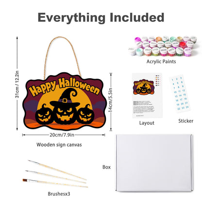 Burgundy Sky Witch-Hat Pumpkins paint by numbers hanging sign – what's in the kit: the wooden sign, rope hanger, numbered paints and brushes