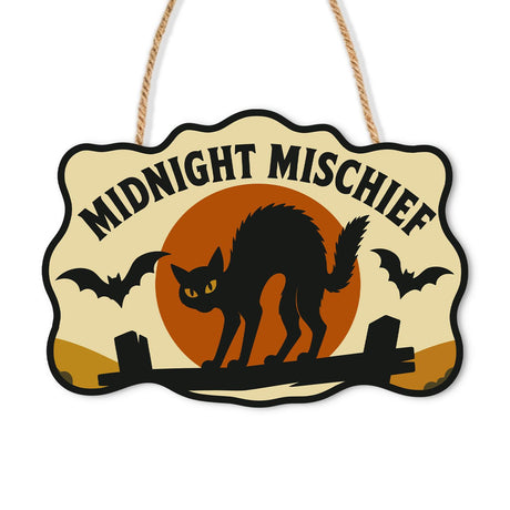 Arched Cat on the Fence paint by numbers hanging sign – Arched black cat on a broken fence before an orange moon with two bats, Midnight Mischief lettering, on a wooden sign with a rope hanger