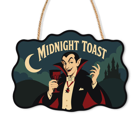 Vampire Raising a Goblet paint by numbers hanging sign – Grinning caped vampire raising a goblet of red drink under a crescent moon near a castle, Midnight Toast lettering, on a wooden sign with a rope hanger