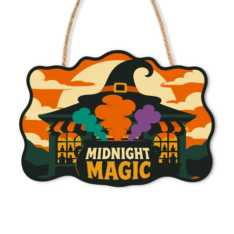 Potion Smoke Witch-Hat Cottage paint by numbers hanging sign – Witch-hat roof over a glowing cauldron house puffing teal, orange and purple smoke, Midnight Magic lettering, on a wooden sign with a rope hanger