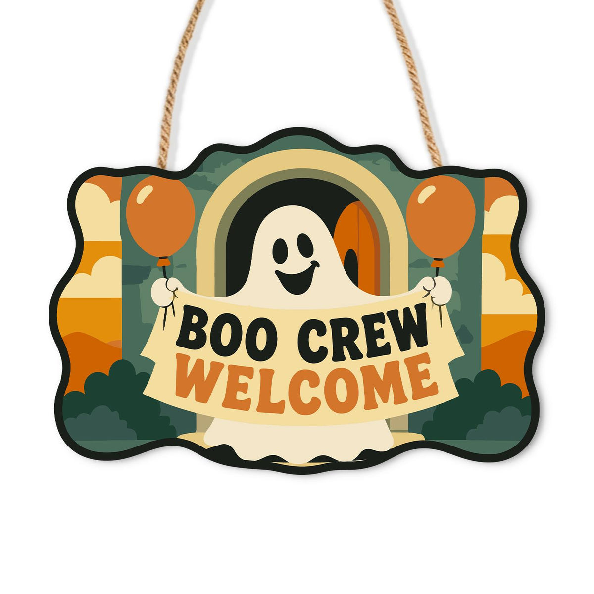 Ghost Banner and Balloons paint by numbers hanging sign – Smiling ghost holding a Boo Crew Welcome banner in an arched doorway with orange balloons, on a wooden sign with a rope hanger