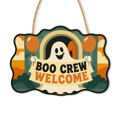 Ghost Banner and Balloons paint by numbers hanging sign – Smiling ghost holding a Boo Crew Welcome banner in an arched doorway with orange balloons, on a wooden sign with a rope hanger