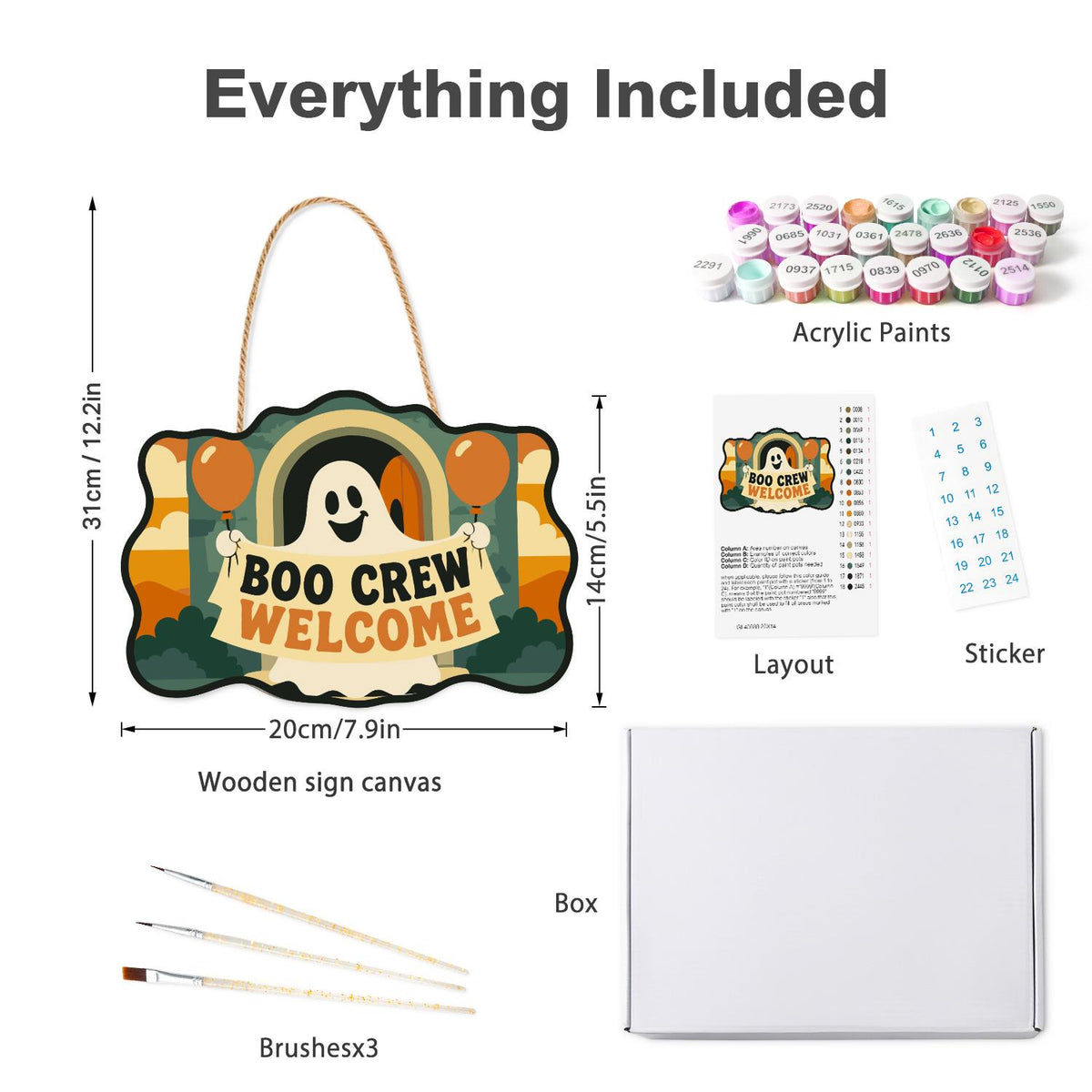 Ghost Banner and Balloons paint by numbers hanging sign – what's in the kit: the wooden sign, rope hanger, numbered paints and brushes