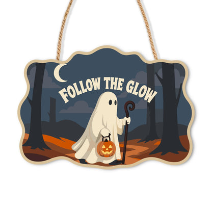 Forest Path Ghost Wanderer paint by numbers hanging sign – Sheet ghost with a jack-o'-lantern pail and staff walking a forest path under a crescent moon, Follow the Glow, on a wooden sign with a rope hanger