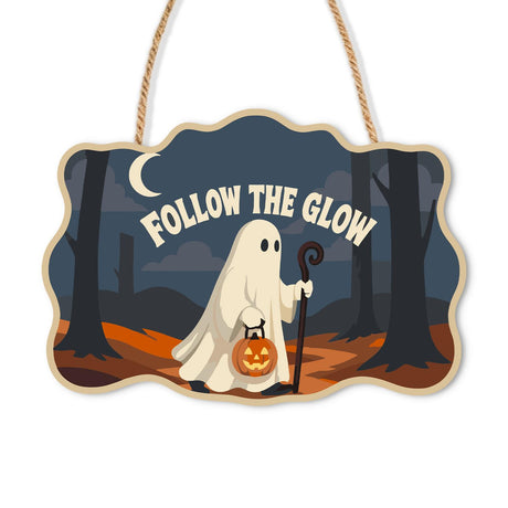 Forest Path Ghost Wanderer paint by numbers hanging sign – Sheet ghost with a jack-o'-lantern pail and staff walking a forest path under a crescent moon, Follow the Glow, on a wooden sign with a rope hanger