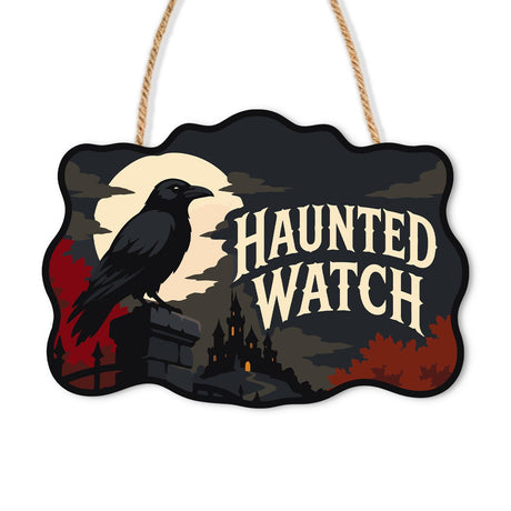 Raven on the Moonlit Wall paint by numbers hanging sign – Black raven perched on a stone pillar before a full moon and castle silhouette, Haunted Watch lettering, on a wooden sign with a rope hanger