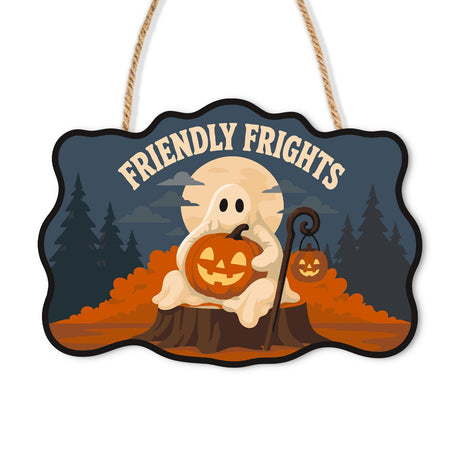 Stump-Sitting Ghost and Pumpkin paint by numbers hanging sign – Cute ghost on a tree stump hugging a jack-o'-lantern, with a hanging lantern and autumn leaves, Friendly Frights, on a wooden sign with a rope hanger