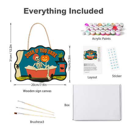Skeleton's Bubble Bath Soak paint by numbers hanging sign – what's in the kit: the wooden sign, rope hanger, numbered paints and brushes