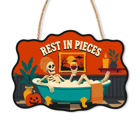Wine-Sipping Skeleton in the Tub paint by numbers hanging sign – Skeleton relaxing in a teal clawfoot bubble bath with a glass of red wine, candles and a pumpkin, Rest in Pieces, on a wooden sign with a rope hanger