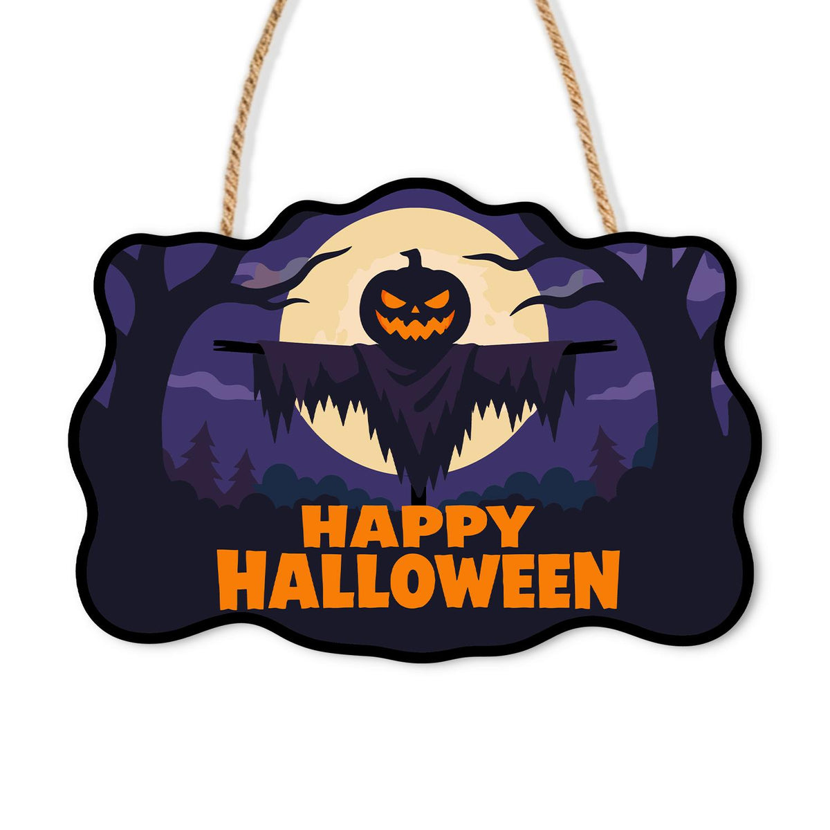 Moonlit Jack-O'-Lantern Scarecrow paint by numbers hanging sign – Dark scarecrow with a glowing jack-o'-lantern head before a full moon in a purple forest, Happy Halloween lettering, on a wooden sign with a rope hanger