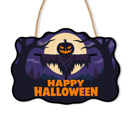 Moonlit Jack-O'-Lantern Scarecrow paint by numbers hanging sign – Dark scarecrow with a glowing jack-o'-lantern head before a full moon in a purple forest, Happy Halloween lettering, on a wooden sign with a rope hanger
