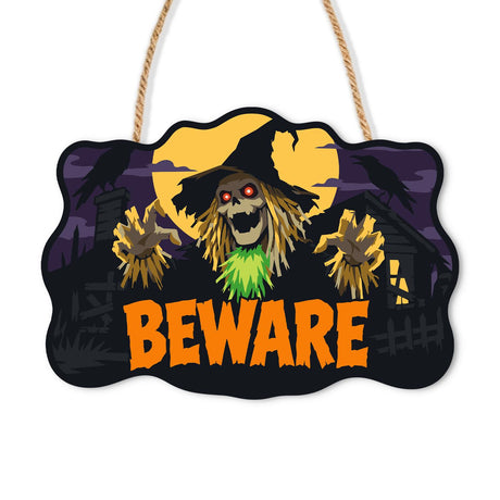 Red-Eyed Scarecrow by Moonlight paint by numbers hanging sign – Skull-faced scarecrow with glowing red eyes, witch hat and straw hands before a yellow moon and crows, Beware, on a wooden sign with a rope hanger