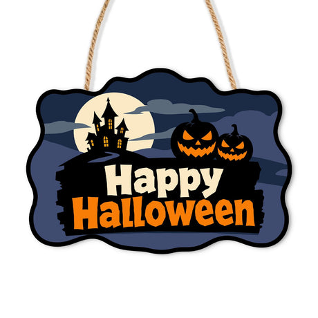 Haunted Manor and Twin Pumpkins paint by numbers hanging sign – Haunted house silhouette before a full moon with two jack-o'-lanterns above a black board reading Happy Halloween, on a wooden sign with a rope hanger