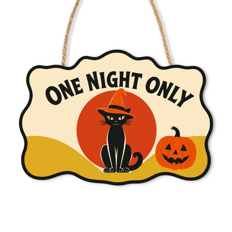 Witch-Hat Black Cat at Dusk paint by numbers hanging sign – Black cat in an orange witch hat sitting before a red sun beside a jack-o'-lantern, One Night Only lettering, on a wooden sign with a rope hanger
