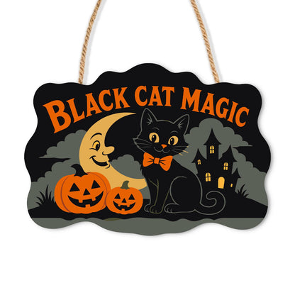 Bow-Tie Cat and Crescent Moon paint by numbers hanging sign – Black cat with an orange bow tie beside a smiling crescent moon, haunted house and jack-o'-lanterns, Black Cat Magic, on a wooden sign with a rope hanger