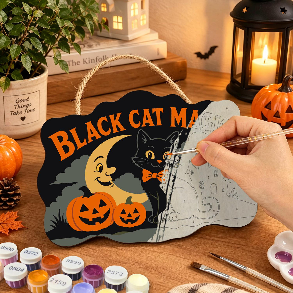 Bow-Tie Cat and Crescent Moon paint by numbers hanging sign – image 7