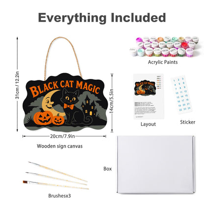 Bow-Tie Cat and Crescent Moon paint by numbers hanging sign – what's in the kit: the wooden sign, rope hanger, numbered paints and brushes