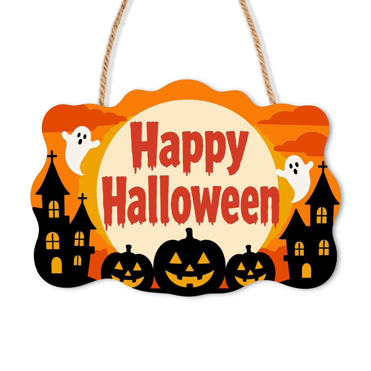 Twin Castles and Ghost Moon paint by numbers hanging sign – Two ghosts beside a cream moon with red Happy Halloween lettering, castle silhouettes and three jack-o'-lanterns, on a wooden sign with a rope hanger