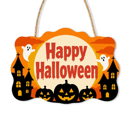 Twin Castles and Ghost Moon paint by numbers hanging sign – Two ghosts beside a cream moon with red Happy Halloween lettering, castle silhouettes and three jack-o'-lanterns, on a wooden sign with a rope hanger